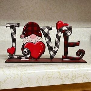 Valentine’s Day, Gnome ‘LOVE’ wooden sign, 7”L x 3”T.